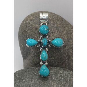 Zuni Style Sterling Silver Turquoise Cross Pendant Handmade Statement Unisex
